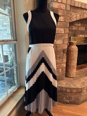 Banana Republic Black and White Pleated Chevron Midi Dress